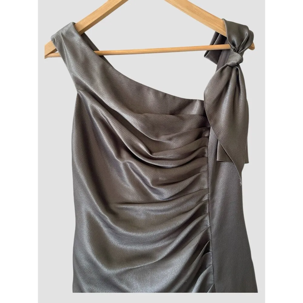 WHITE By VERA WANG Sheath Dress Gray Cocktail Bridesmaid Ruched Bow Zip Size 12 - Image 3