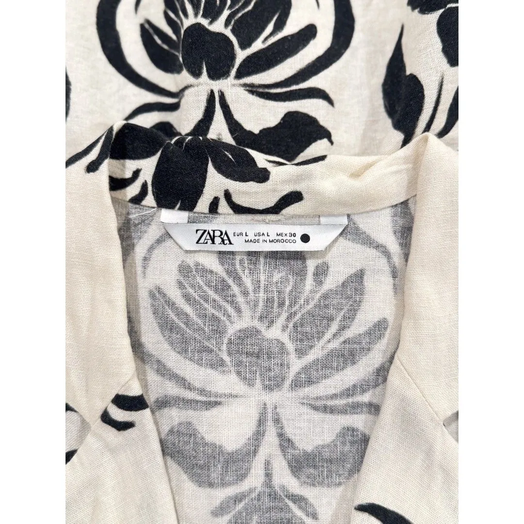 ZARA Womens Dress Beige Mini Floral Belted Linen Shirtdress Fit Flare Boho Large - Image 4
