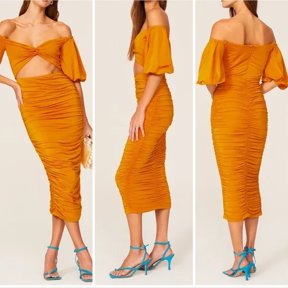 Elle Zeitoune Naira Midi Ruched Dress in Marigold Gold Size XS - Image 2