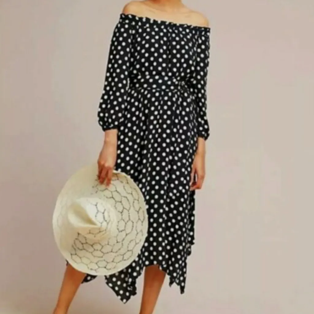 ANTHROPOLOGIE MAEVE Gerti Midi Dress Black Polka Dot Off Shoulder Size Small - Image 2