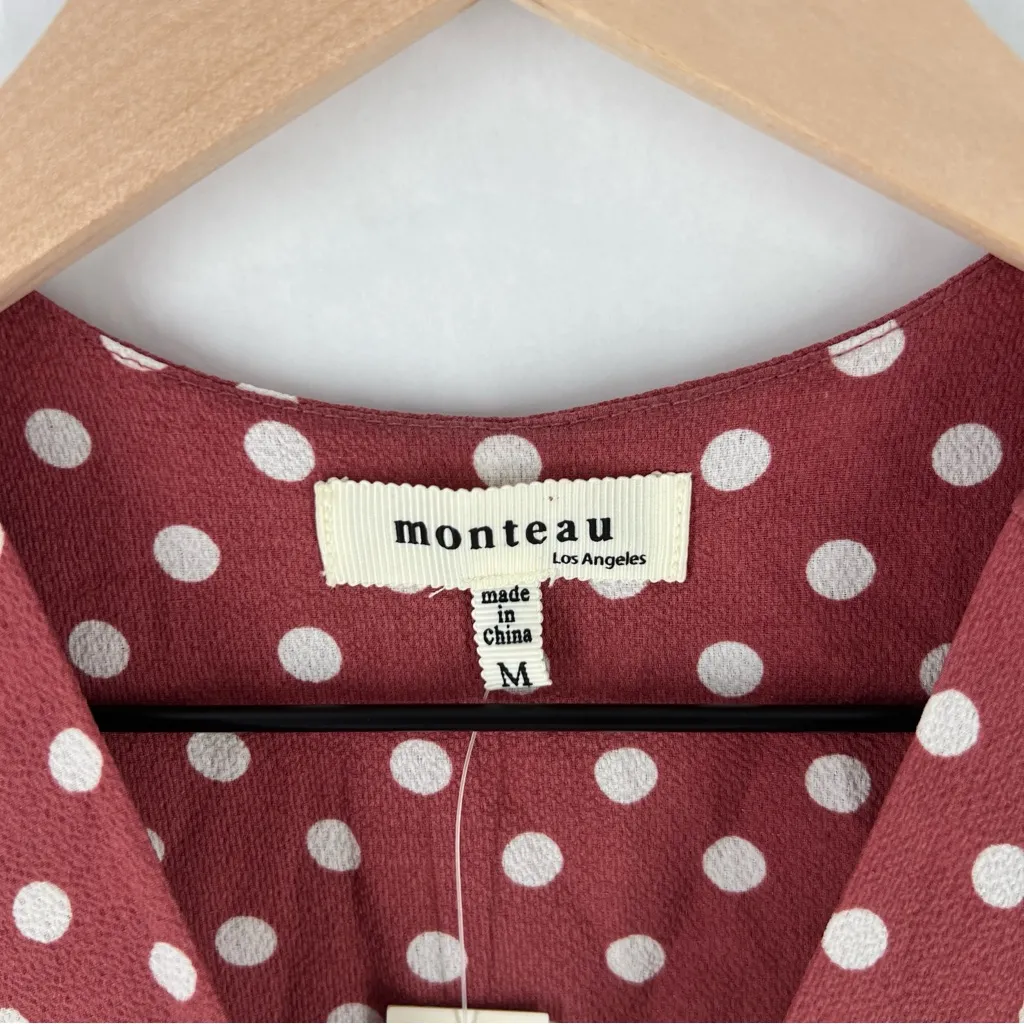 Monteau Pink Polka Dot Ruffle Cap Sleeve Faux Wrap V-Neck Tie Waist Blouse M‎ - Image 2