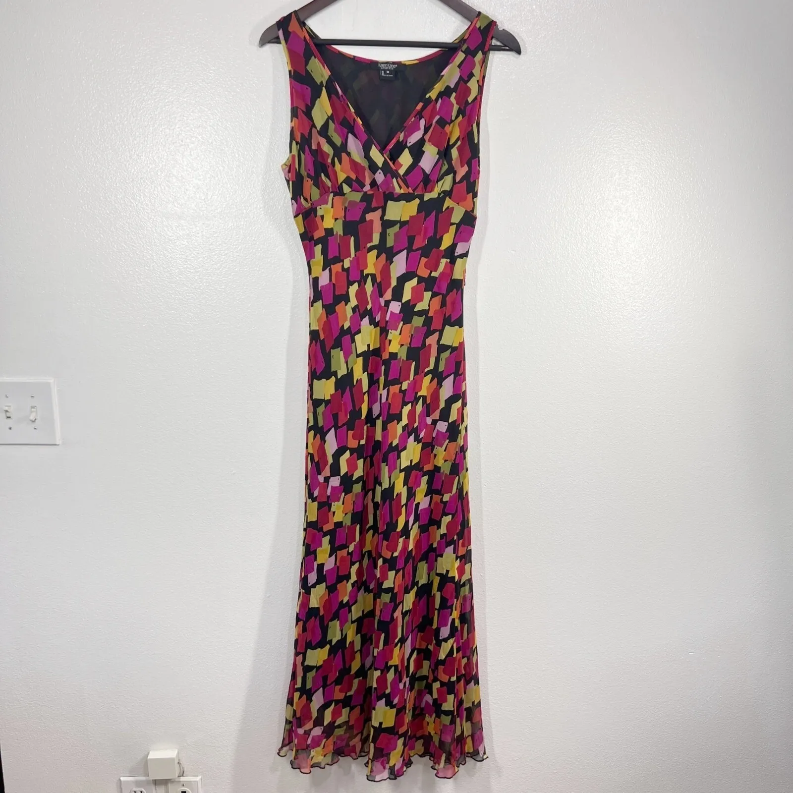 Karen‎ Kane 100% Silk Maxi Dress Sleeveless V Neck Multi Geometric Print Medium - Image 7