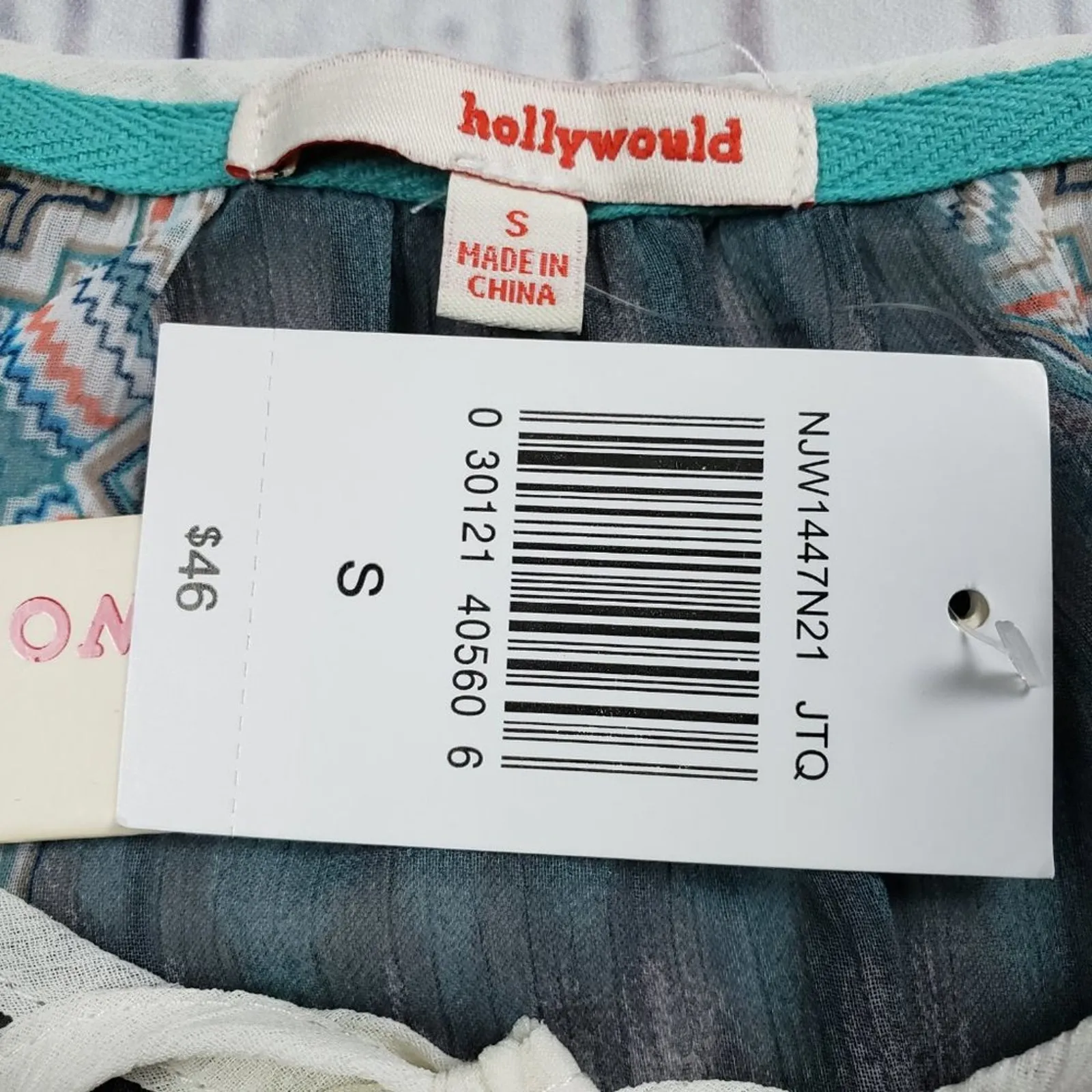 NWT Hollywould Sheer Printed Tie Bust 3/4 Sleeve Peasant Top Women's Size Small - Image 5