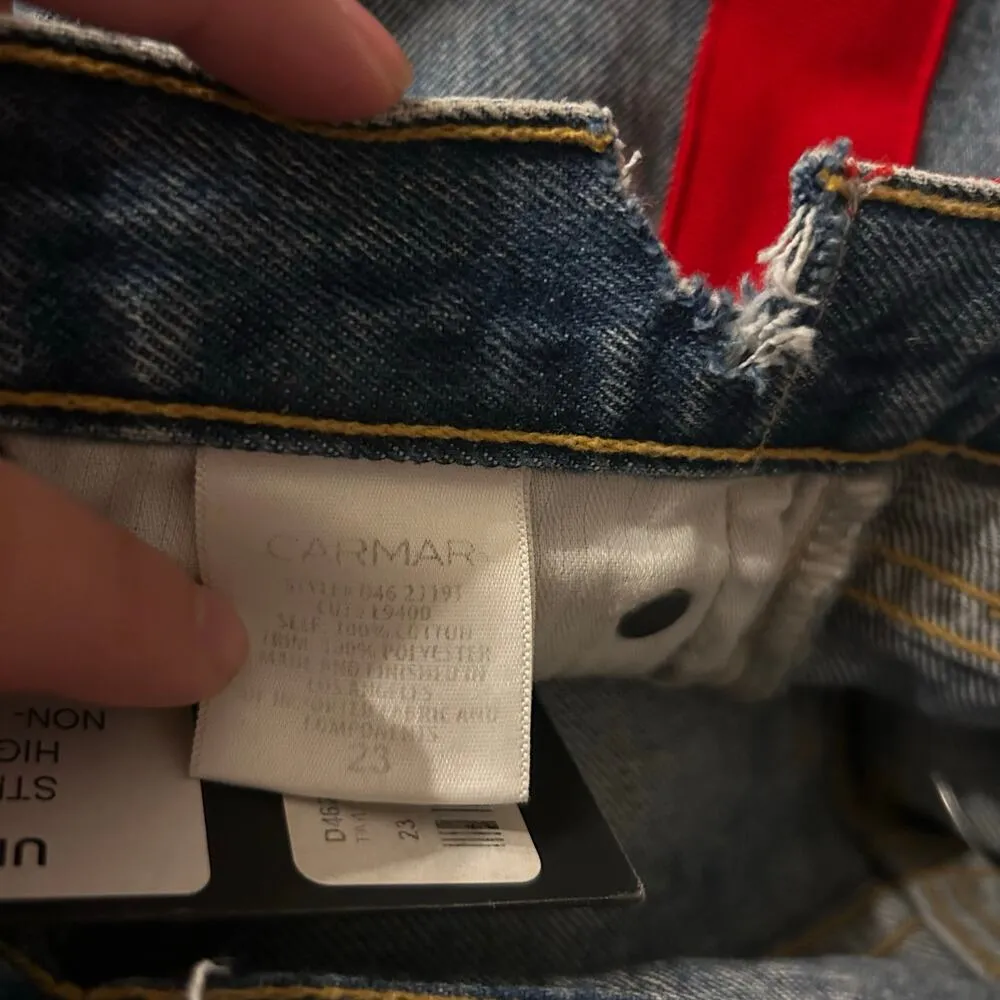 Carmen Straight Thrashed Distressed High Rise Red Tuxedo Stripe Denim Blue Jeans Size 23 - Image 10