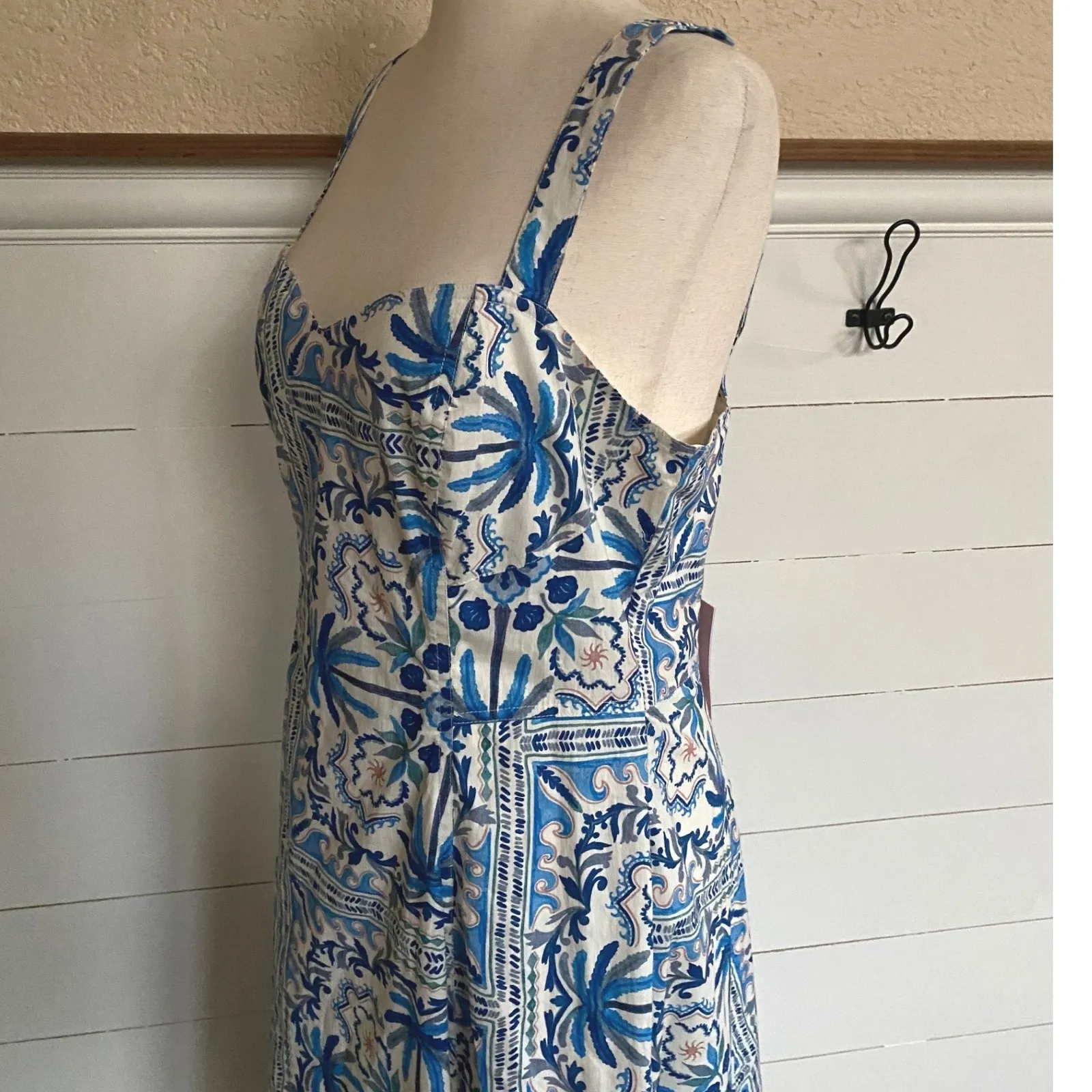 Avec Les Filles Sleeveless Blue Palm Tile Sweetheart Neckline Midi Dress 12 -NWT - Image 8