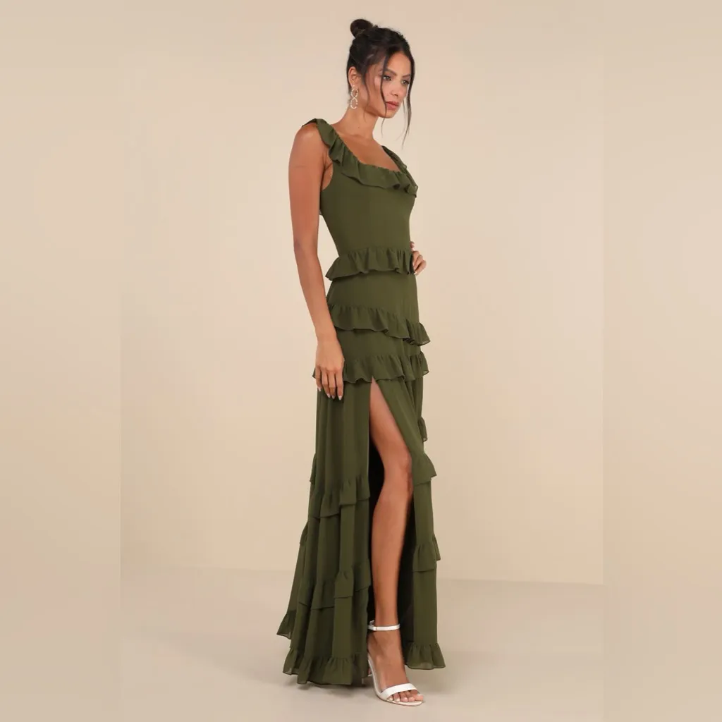 Lulus Compelling Romantic Olive Green Ruffled Tiered Maxi
Dress - Image 4