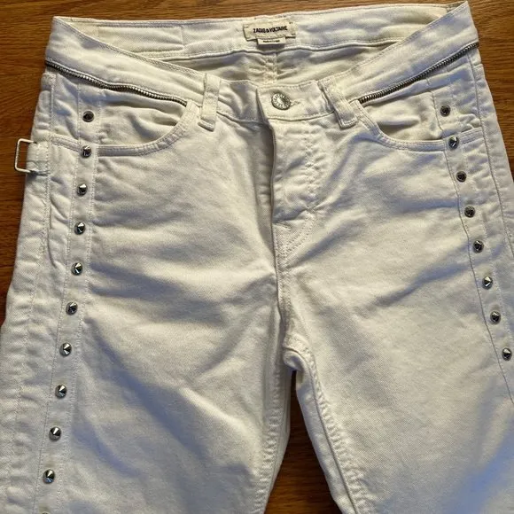 EUC Zadig & Voltaire‎ Stud Jeans Women 26 White Elios Spikes Boyfriend Crop - Image 3