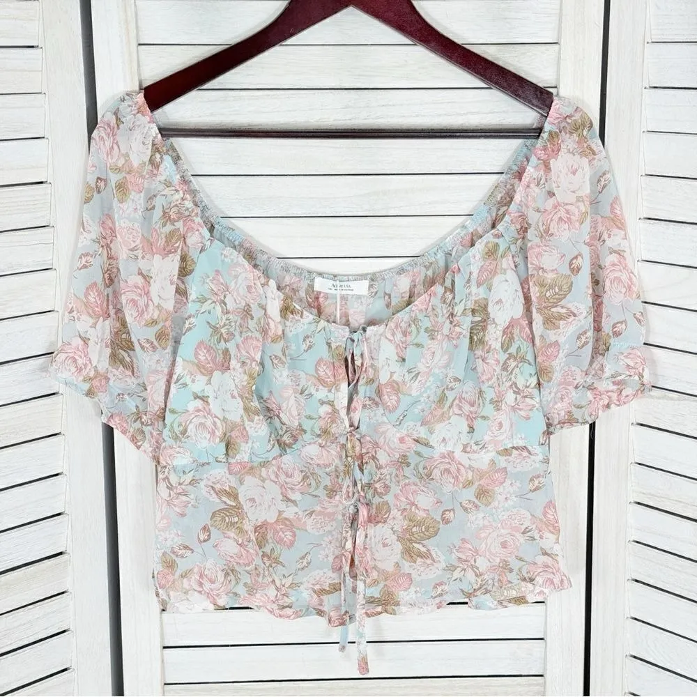 Active USA Sheer Floral Chiffon Tie Front Crop Blouse‎ Blue Pink 1XL Puff Sleeve - Image 9