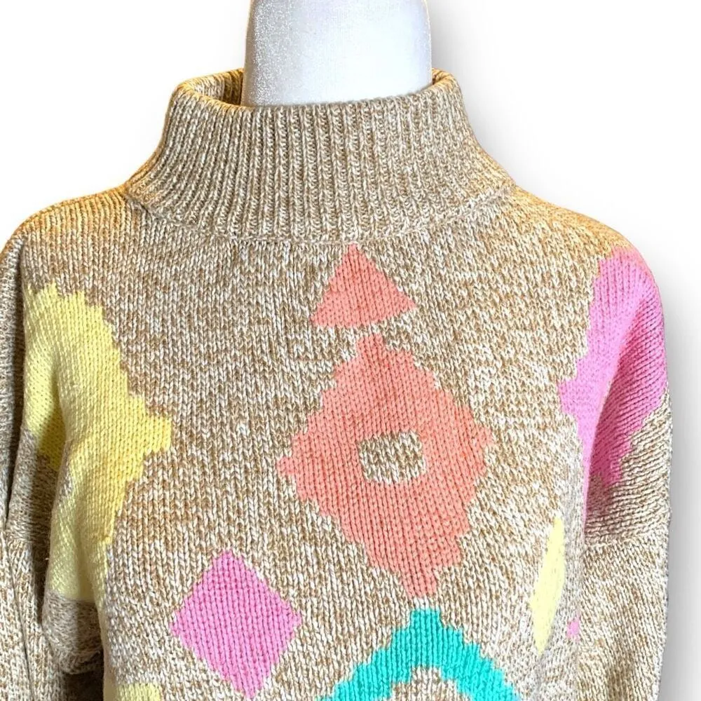 Vintage 90s Sweater Geometric Multicolor Cropped Oatmeal Neutral Knit Pullover Tan Size M - Image 3