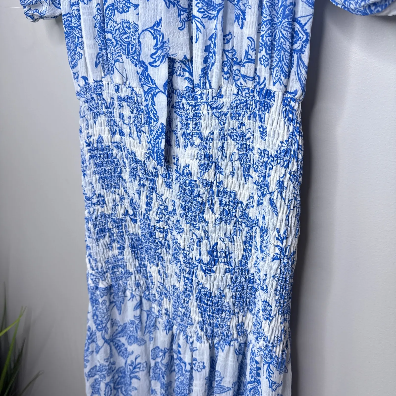 MISA Los Angeles Paola Dress Smocked Off Shoulder Blue Crush Toile Small Midi‎ - Image 4