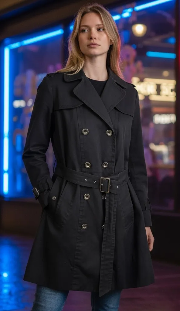 Marc by Marc Jacobs Double Breasted Black Trench Coat Belted Office Work Size M - Image 1