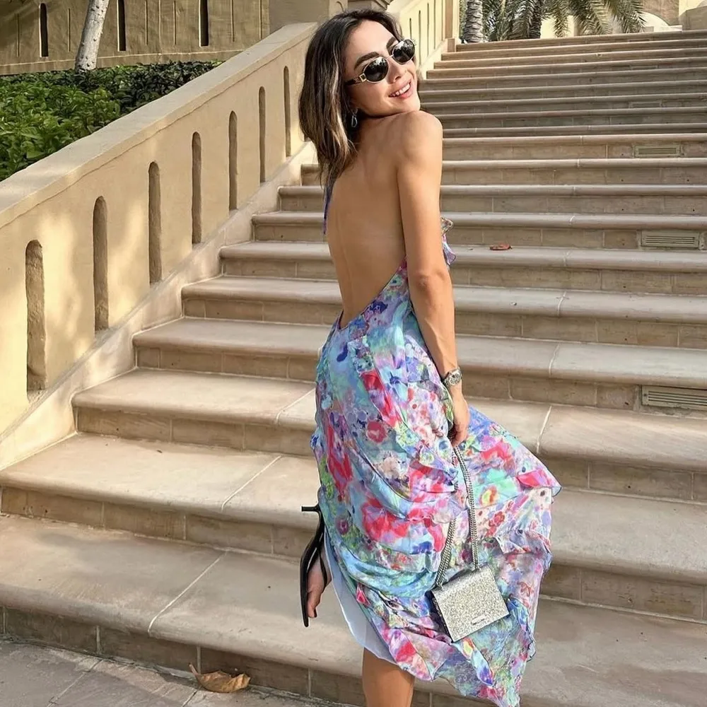 Zara ruffle printed halter midi Dress NEW - Image 3