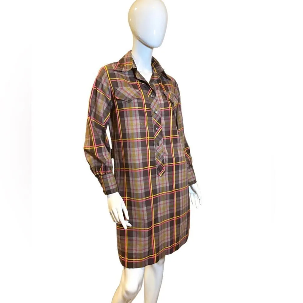 Vintage Plaid Button Down Mini Shirt Dress 1970s Medium Brown - Image 2