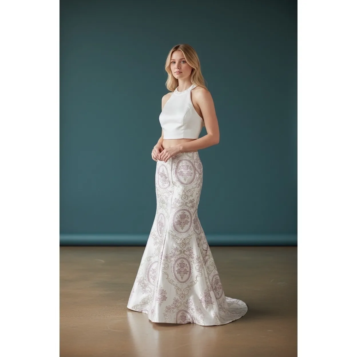 Alyce Paris White Pink Brocade Mermaid Trumpet Gown Formal Evening Dress Size 8 - Image 2