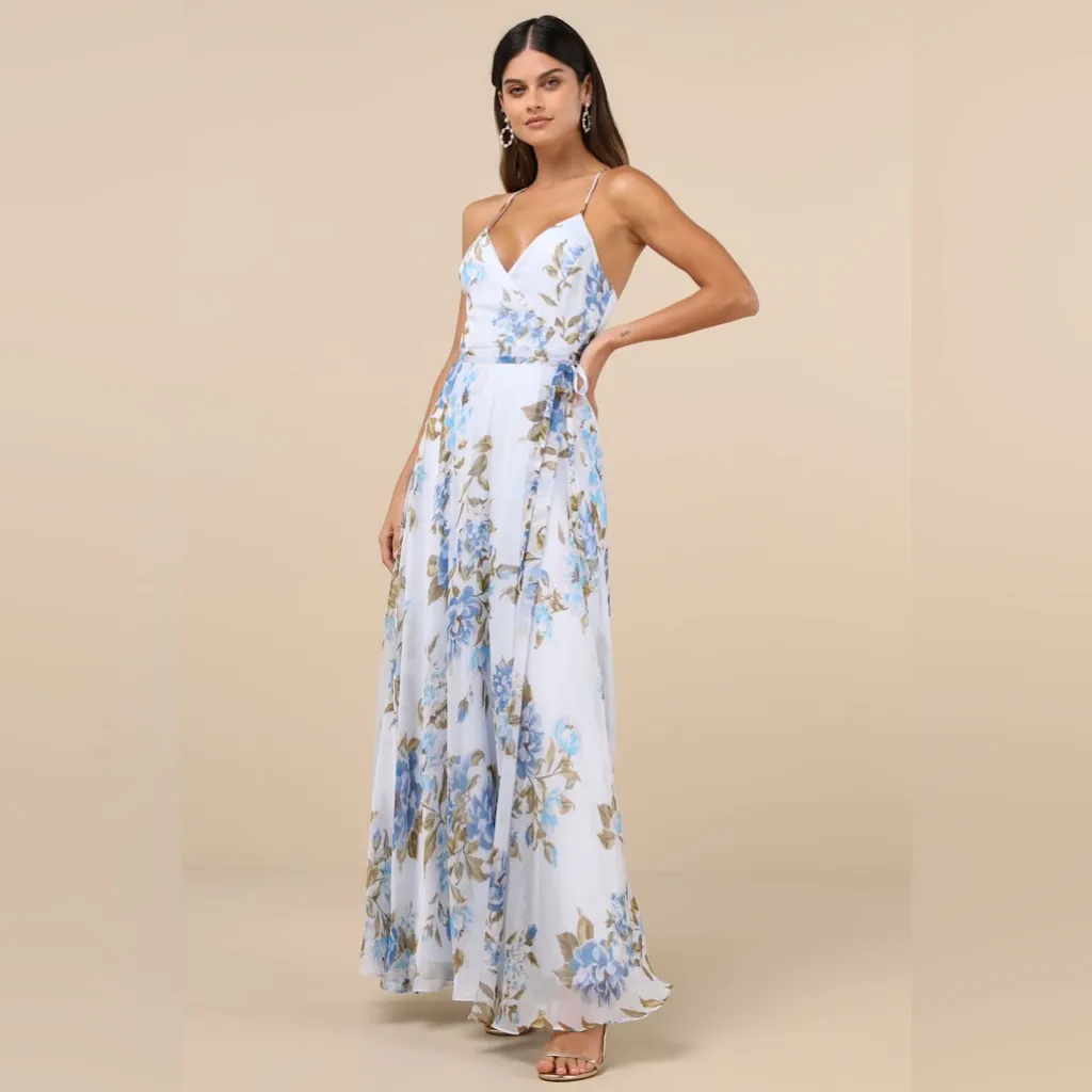 Lulus Oh-So Romantic Pale Blue Floral Print Sleeveless Wrap
Maxi Dress - Image 4