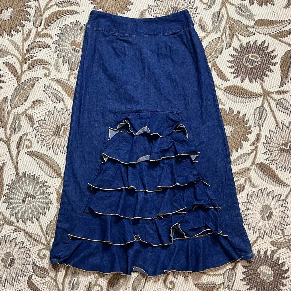 Vintage Denim Skirt Ruffled Bustle Jean 8 Blue - Image 2