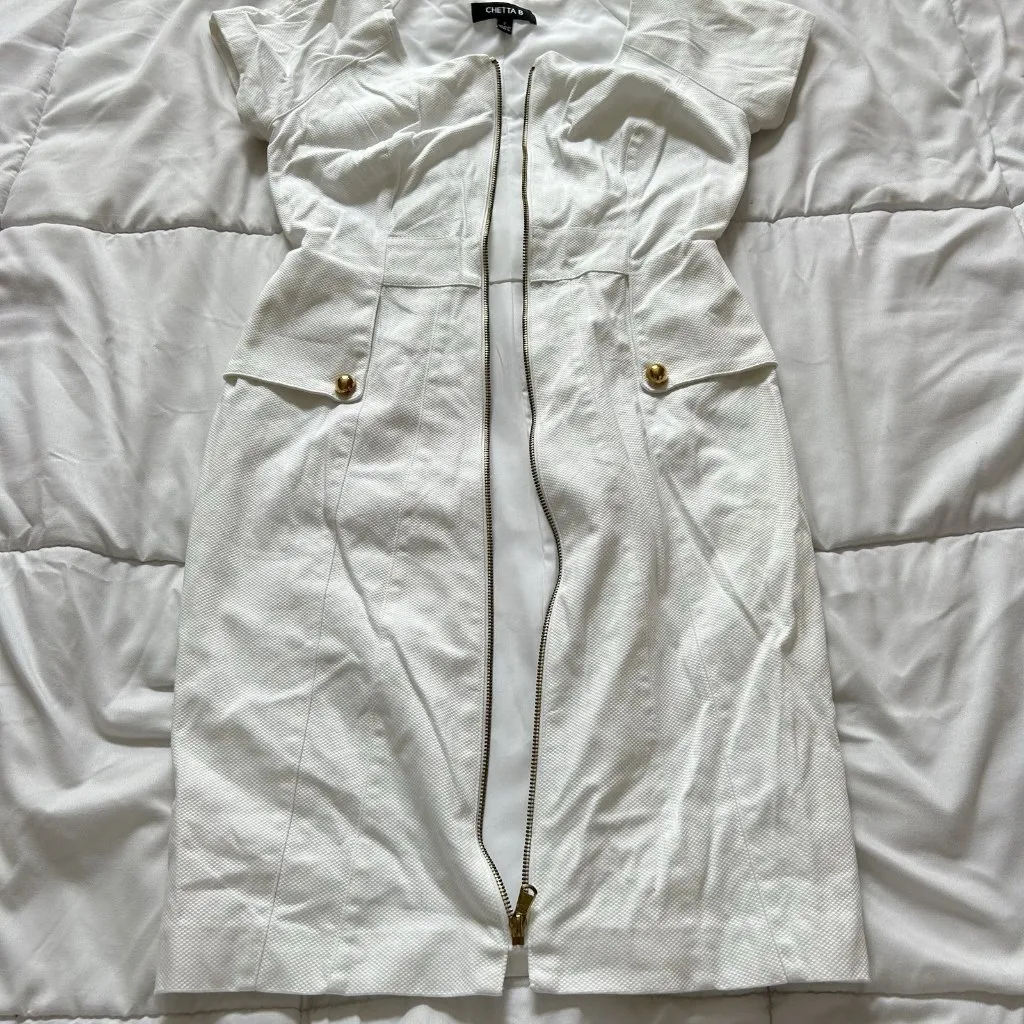 Chetta B Womens 2 White Full Front Zip Sheath Dress Office Casual Business - Image 6