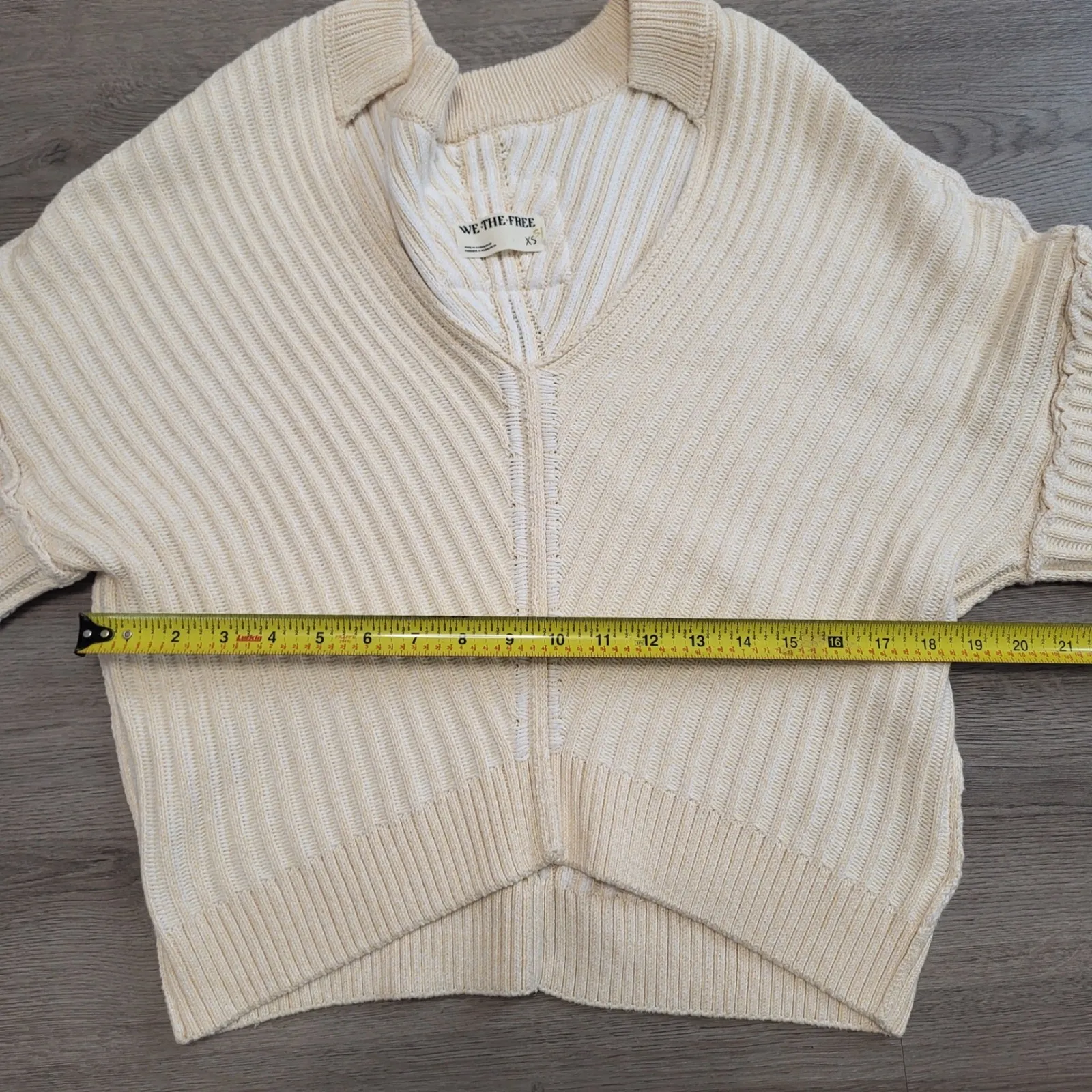 WE THE FREE People Freeway Cream Diagonal Rib Knit V Neck Sweater XS Oversized - Image 6