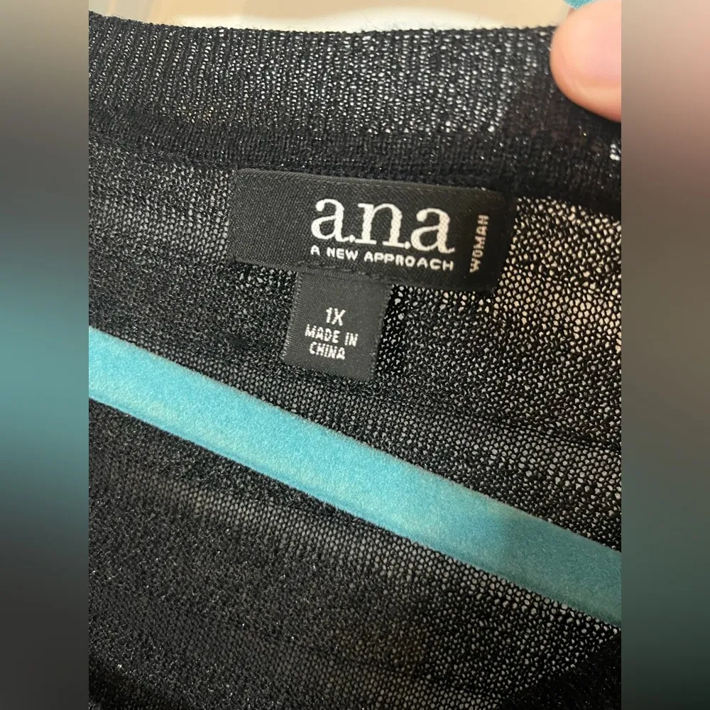 ANA A New Approach NWT Black Sheer Stripes Shimmer Ruffle Trim Knit Sweater Top - Image 15