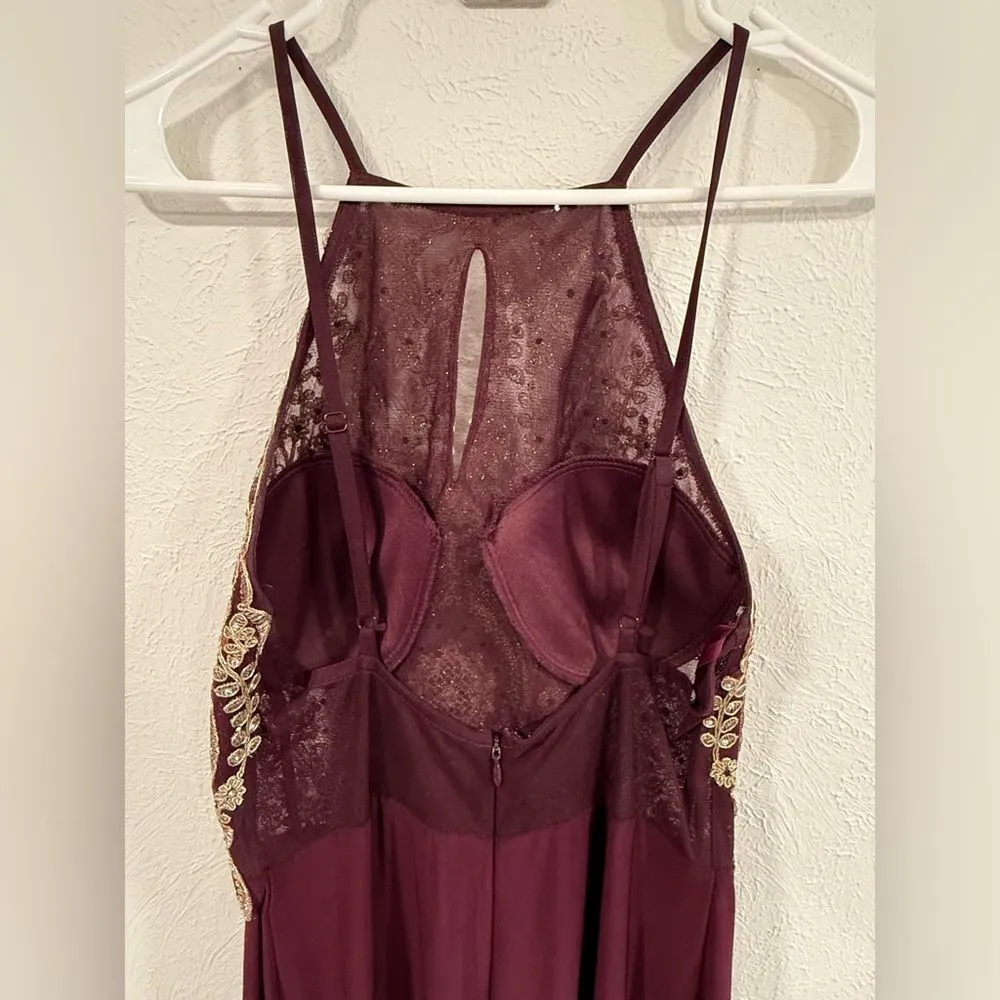 BLONDIE NITES Gold Beaded Lace Illusion Sheath Gown – Burgundy Prom Dress Size 7 - Image 7