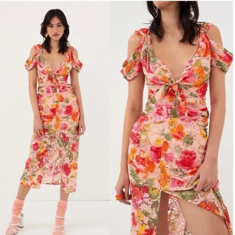 FOR LOVE AND LEMONS Pink Yellow Beth Ruched Corded Fitted Midi Dress size Medium - Image 3