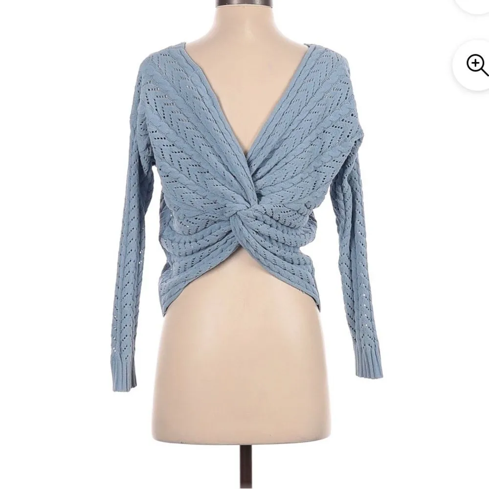 twist back POINTELLE KNIT crop sweater BLUE SIZE XS - Image 2