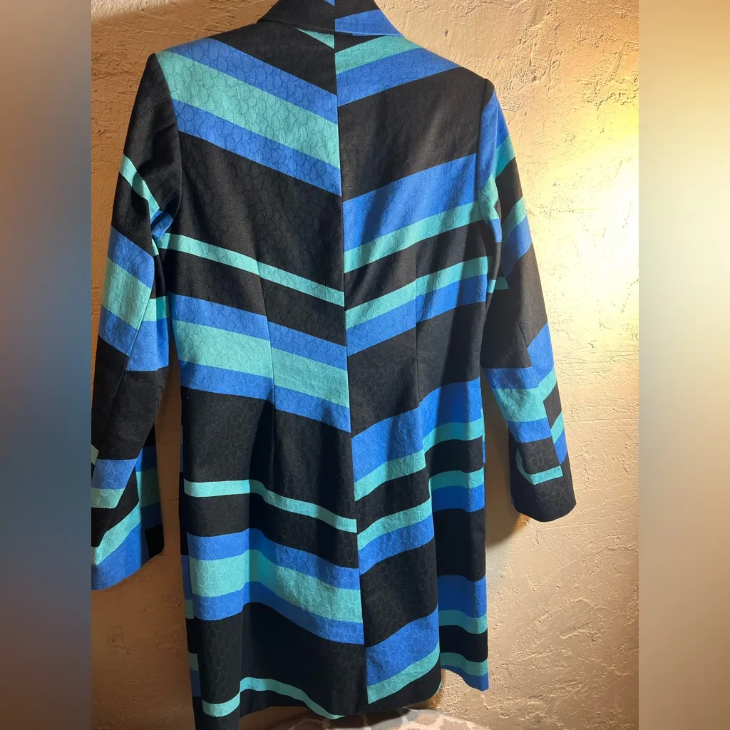 Vesti Multicolor Striped Trench Coat pockets button front black blues collar 8 - Image 11