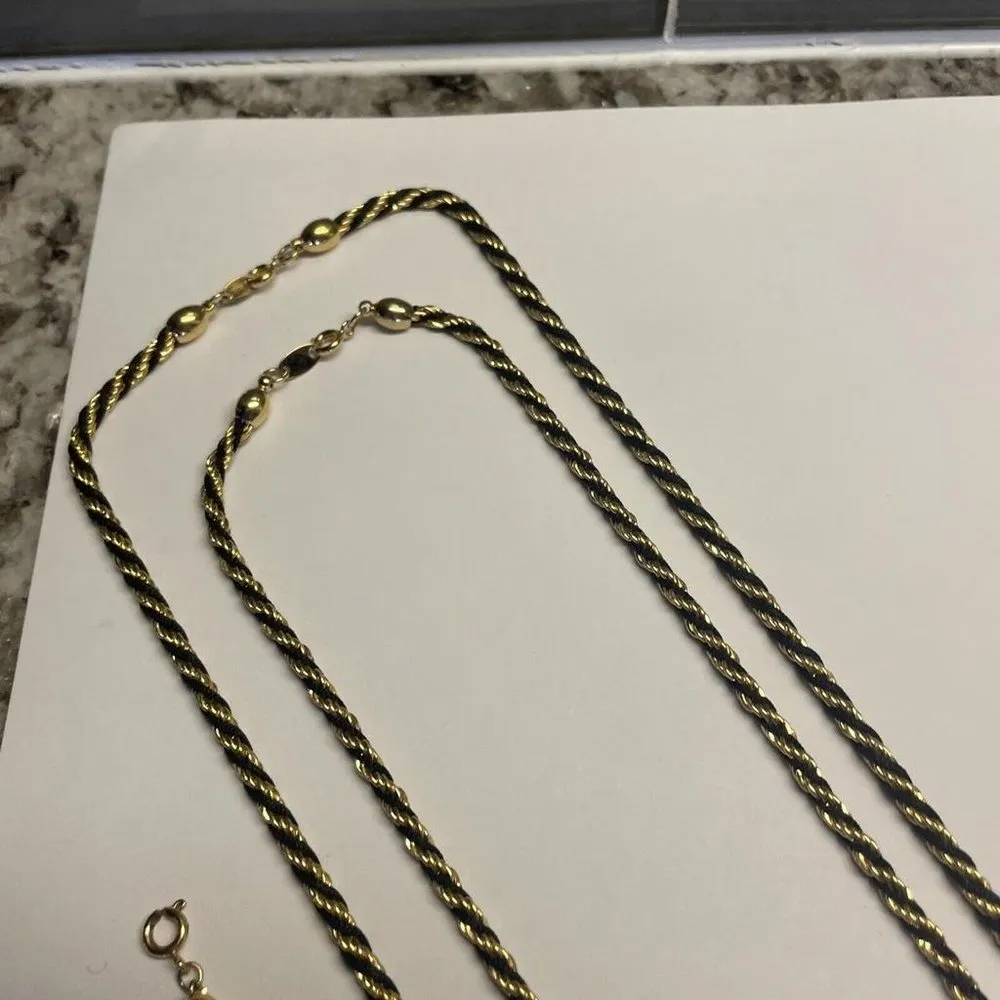 Signed Trifari Set Costume Jewelry 2 Necklaces & Bracelet Black Corded / Gold - Image 7