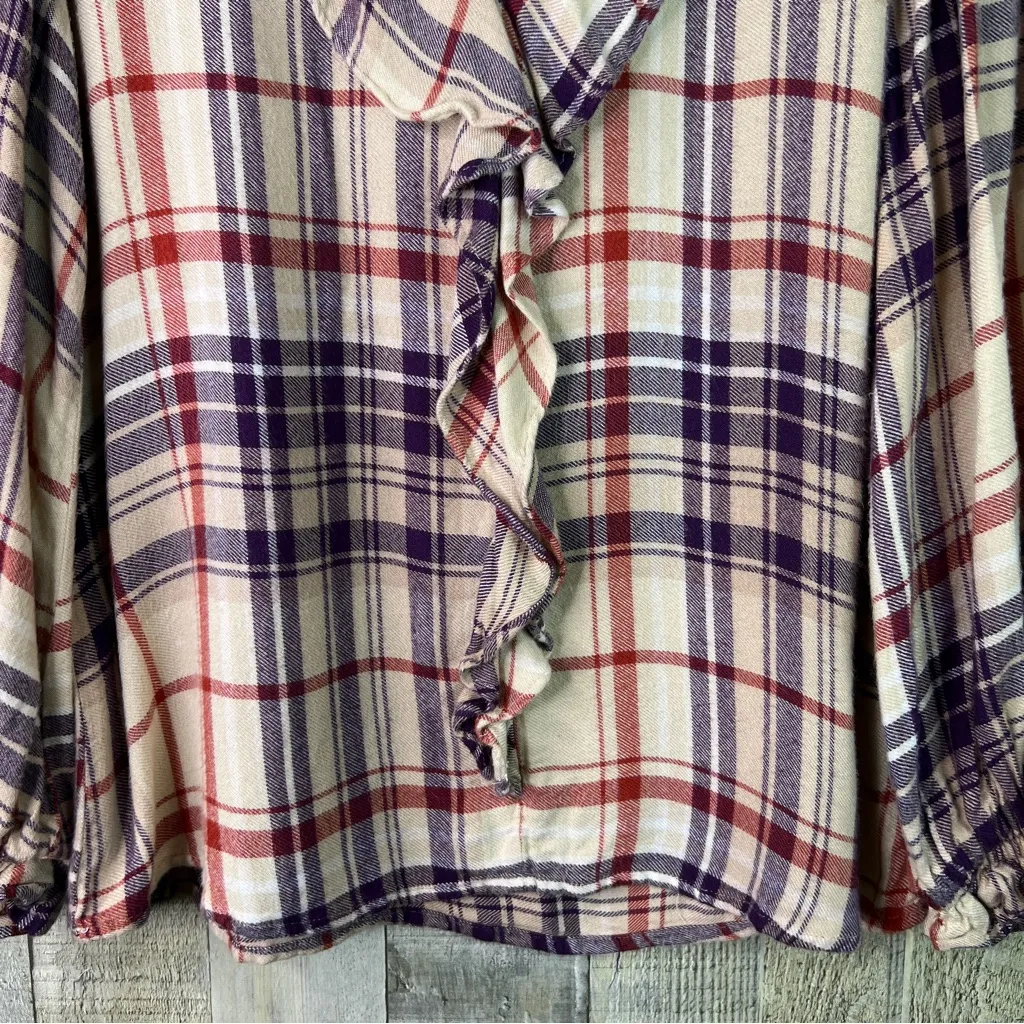 Lee Vintage Small Plaid Print Long Sleeve V-Neck Ruffle Neckline Blouse - Image 4