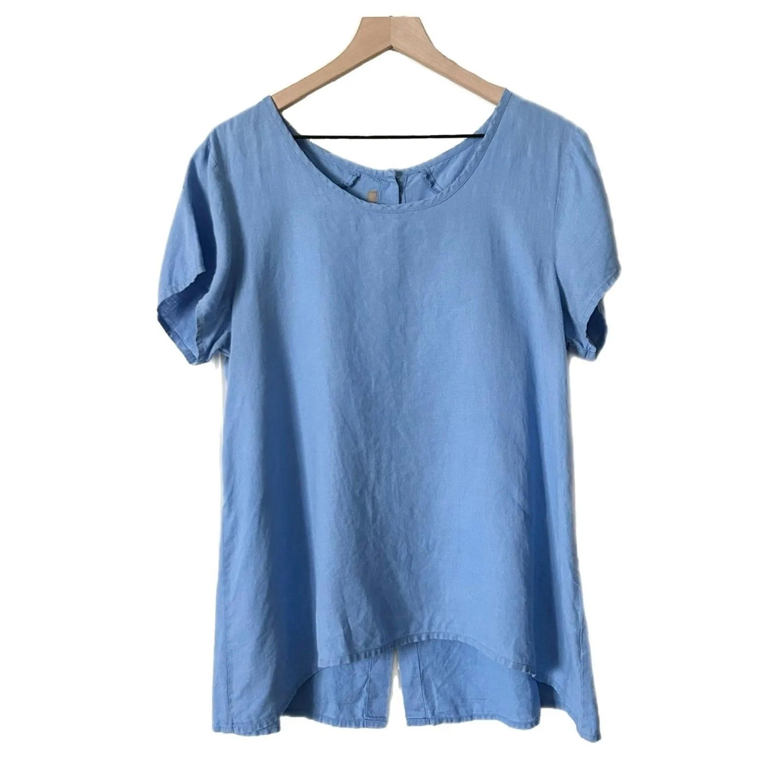 Flax Airy Back Button Linen Short Sleeve Tunic Top Blue Size Small - Image 3