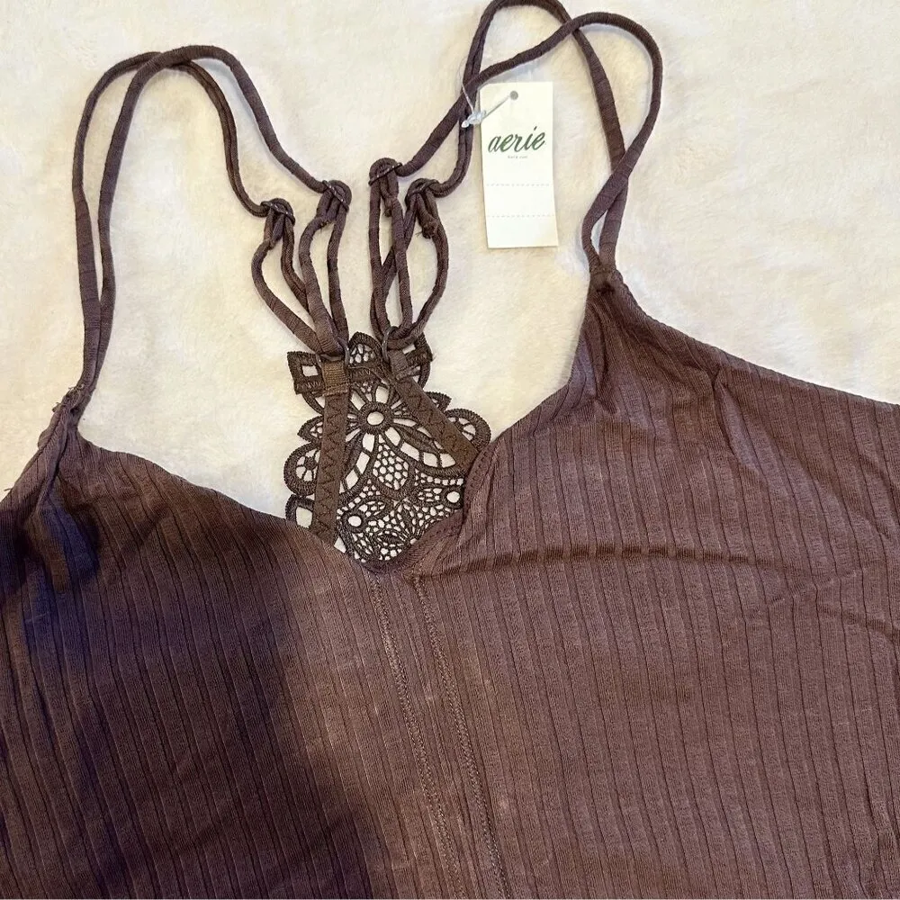 NWT Aerie Brown Cropped Lace Detail Bralette Tank - Size: Medium - Image 5