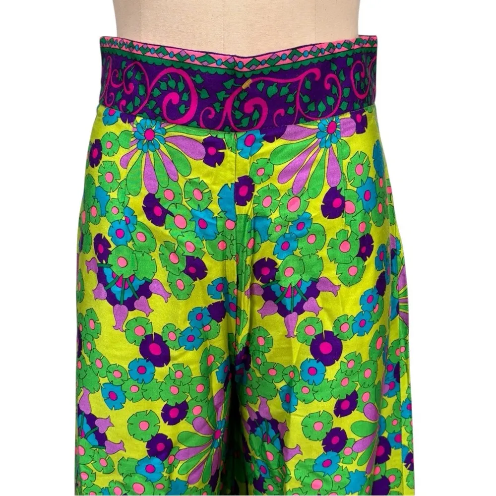Vintage Alex Coleman 70s Floral Wide Leg High Waist Pants Size 6 Green - Image 5