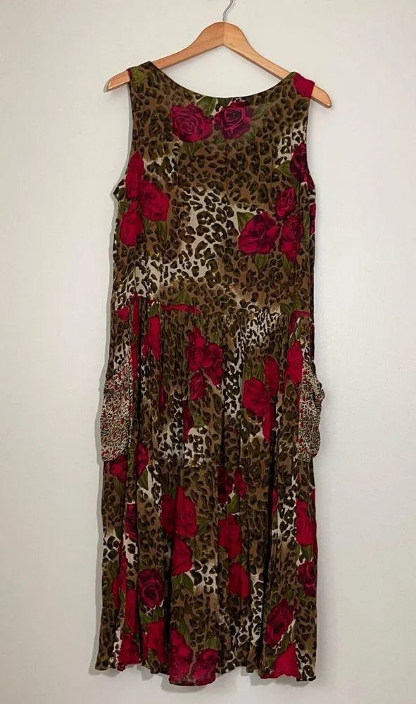 Vintage Leopard Rose Print Midi Dress Brown - Image 7