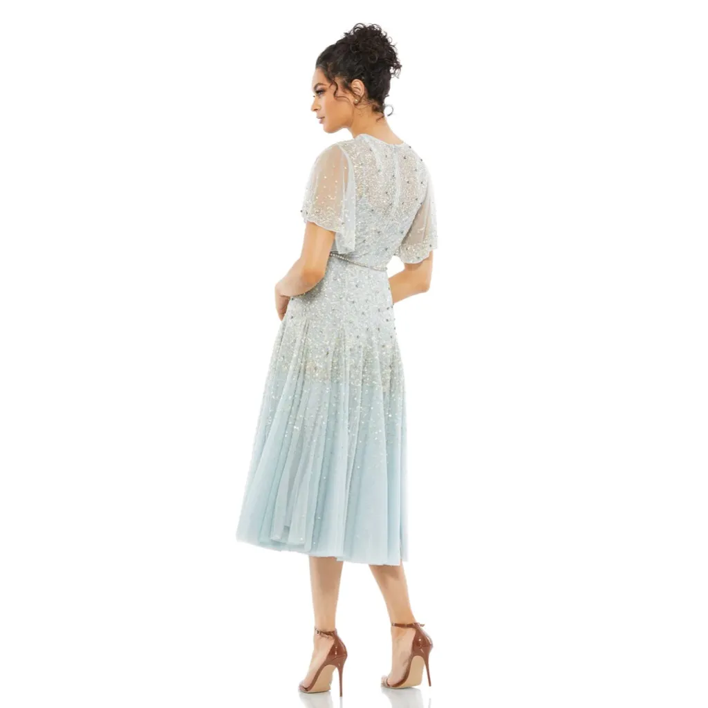 Mac Duggal Cape Sleeve Beaded Midi Dress Powder Blue NWT #93655 - Image 3