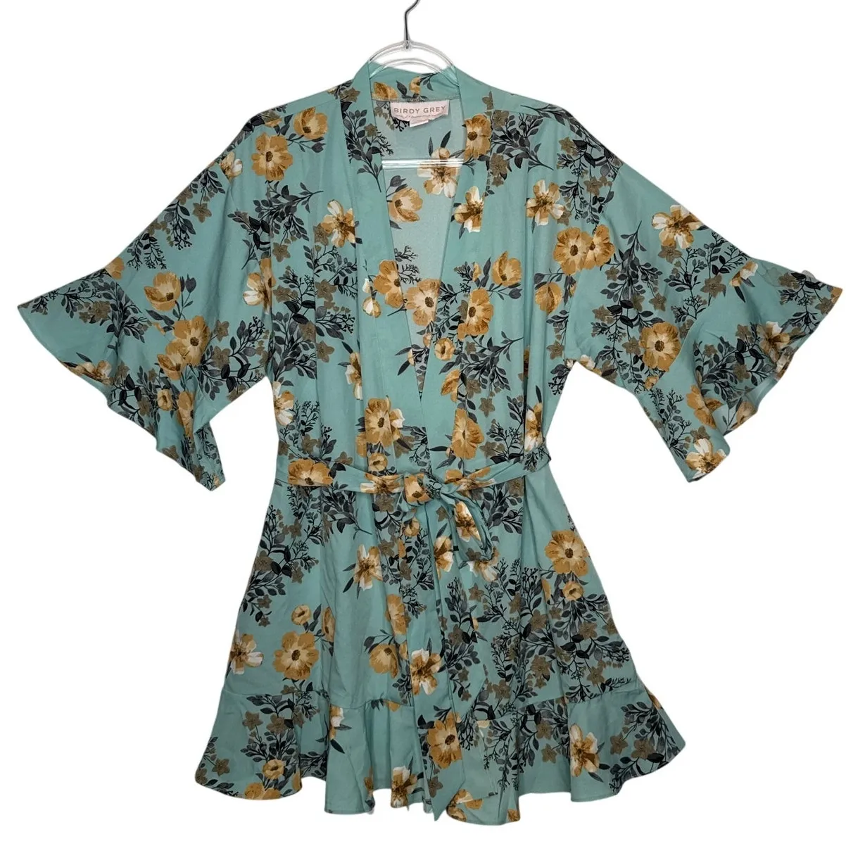 Birdy Grey Floral Kimono-Style Robe – Mint & Mustard size XS - Image 2