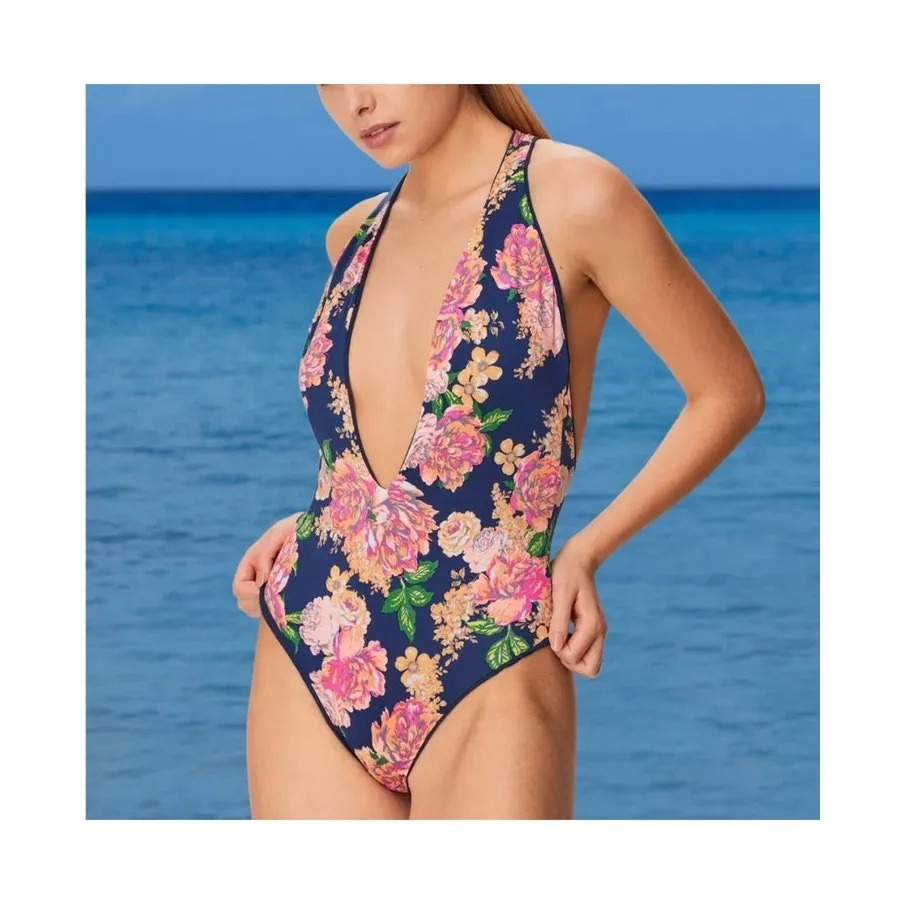 Maaji Reversible Cheeky Swimsuit One Piece Plunge NEW Blue Floral Size Large NWT - Image 4