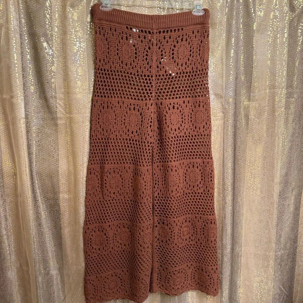 Aerie Horizon Brown Crochet Knit Wide Leg Beach Casual Pants Med NWT - Image 2
