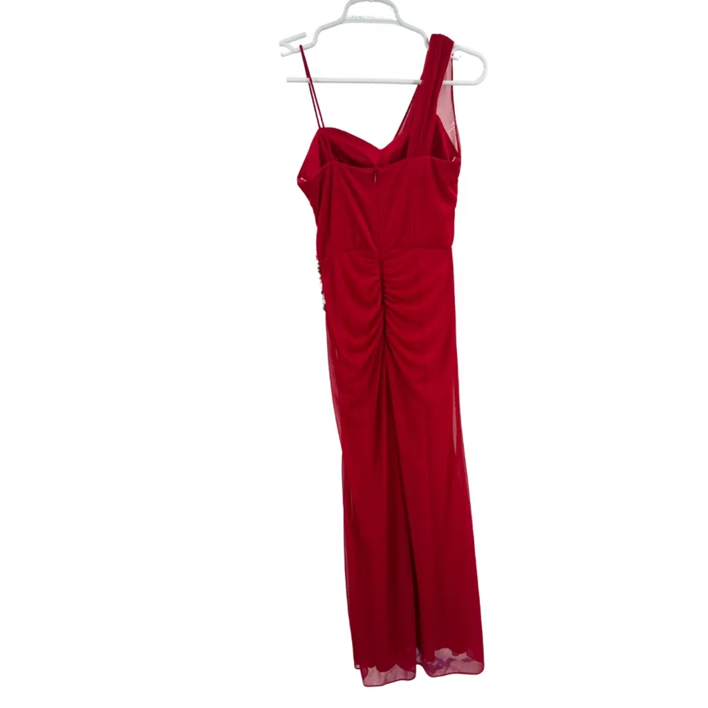Xscape Red Dress formal jeweled slit 2 ruched evening holiday event retro dance - Image 2