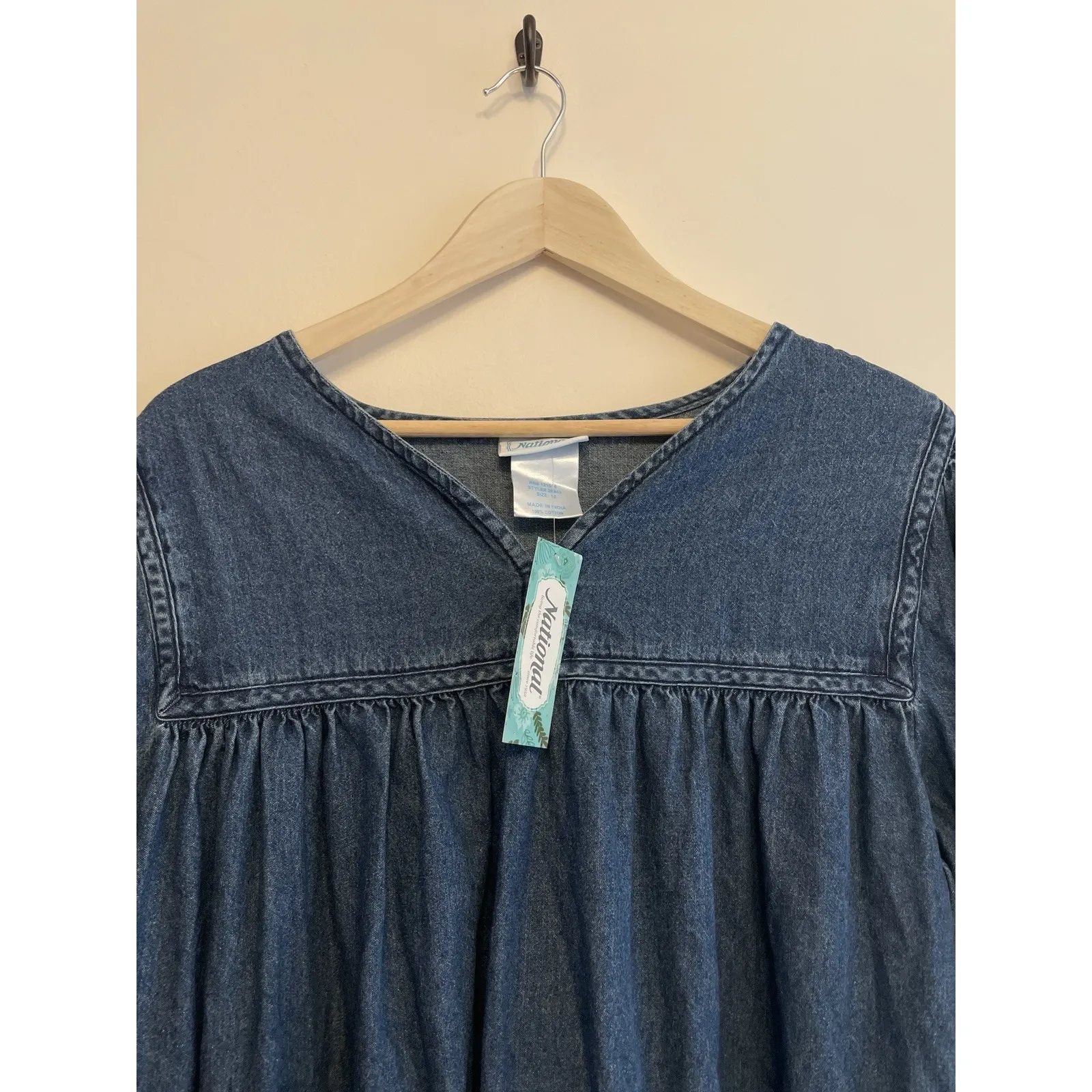 Vintage National Denim Muumuu Dress Women 1X Blue Embroidered Floral Cottage New - Image 2