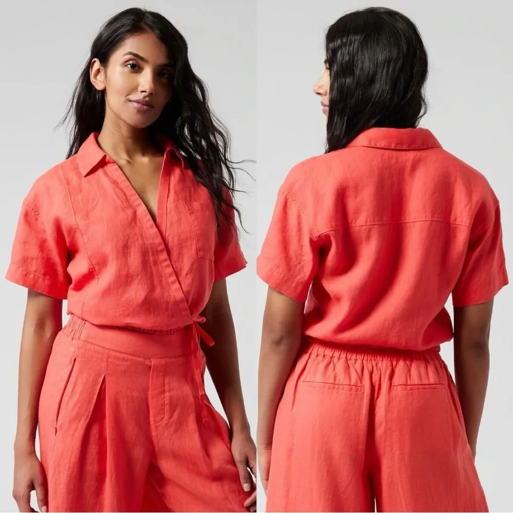 Athleta Playa Tie Wrap Top 100% Linen Shortsleeve in Coral Passionfruit Size L - Image 2