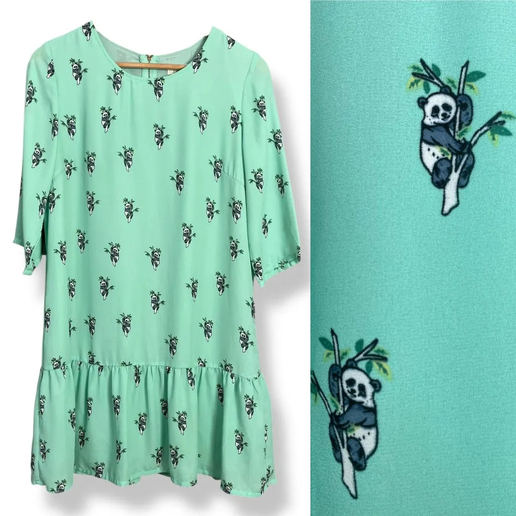 Sugarhill ModCloth Babydoll Dress Panda Pattern Size 6 Ruffle Skirt Teal‎ Green - Image 2