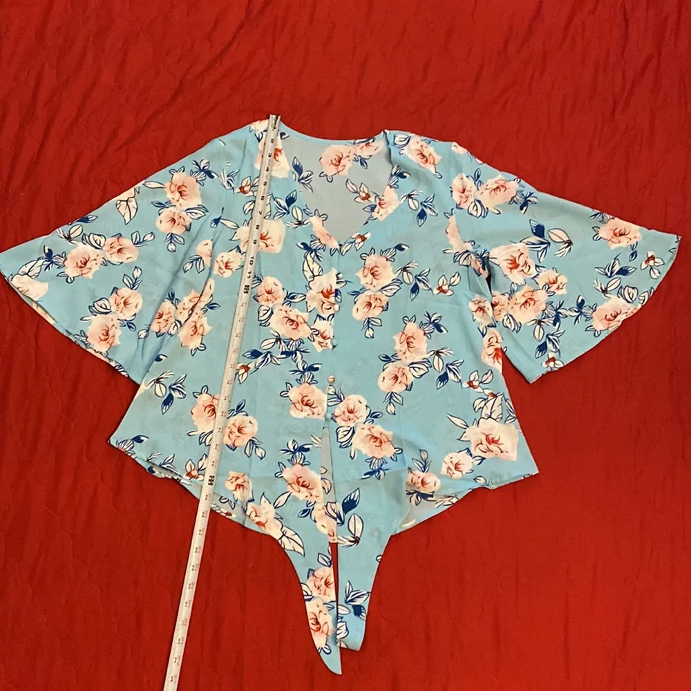 V-Neck Blouse Button-Down Front Stylish Tie Knot 3/4 Sleeves Floral Blue W US L - Image 5