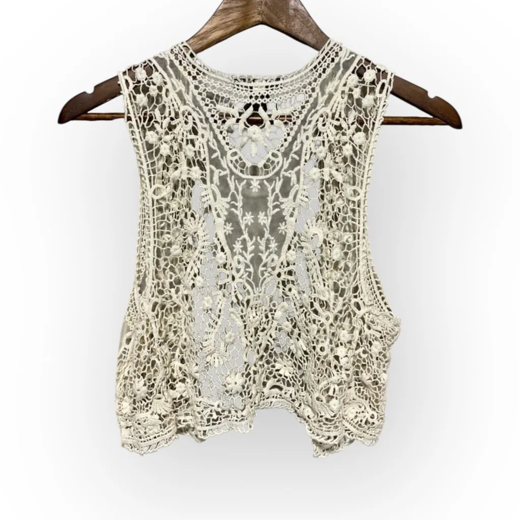 Cream Knit Lace Crochet Vest Boho Layering Piece Size Large White - Image 2