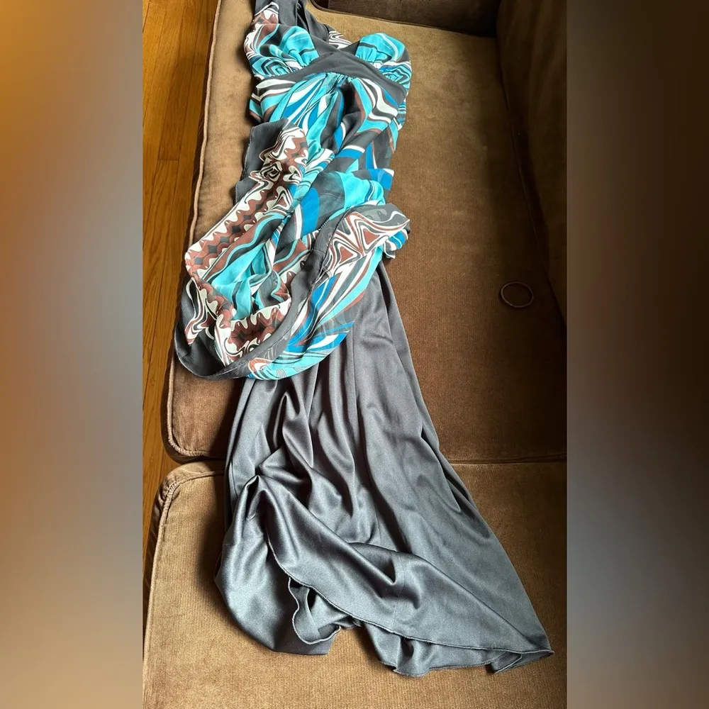 Lucy & Laurel Blue Black Brown White Geometric Halter Top Dress Sz 8 Zip On Side - Image 8