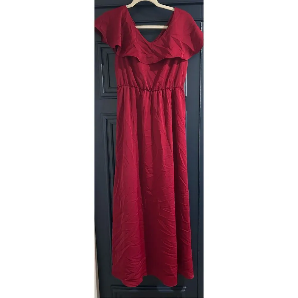 NEW Velvet Ribbed Belted Wrap Dress Maxi Dress S Red - Image 4