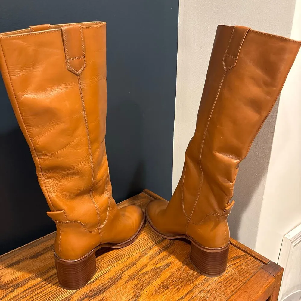 Zara Leather Knee High Block Heel Pull On Boots - Image 9