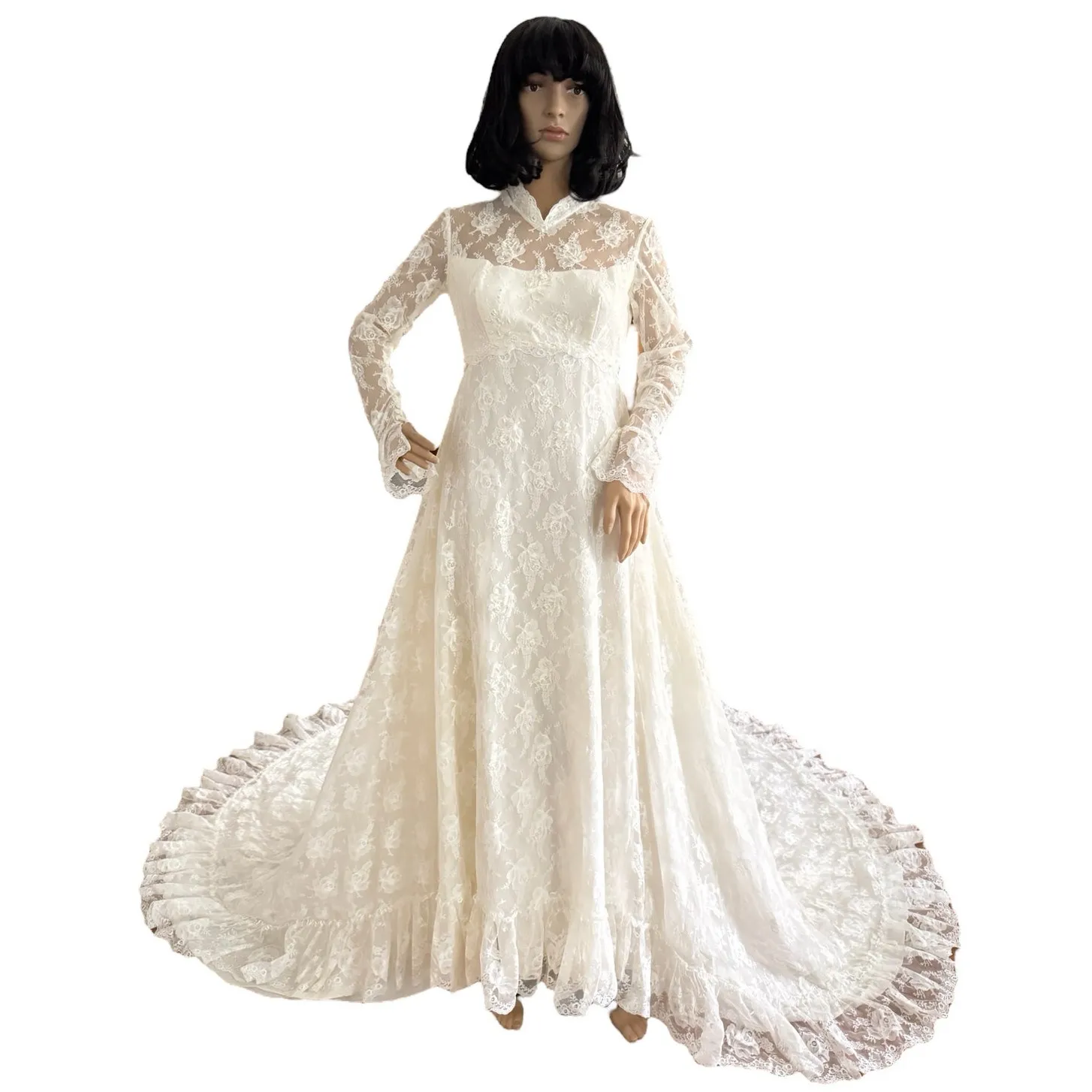 Vintage 60s Aida Bridal California Lace Wedding Gown w/ Chapel Train small White - Image 2