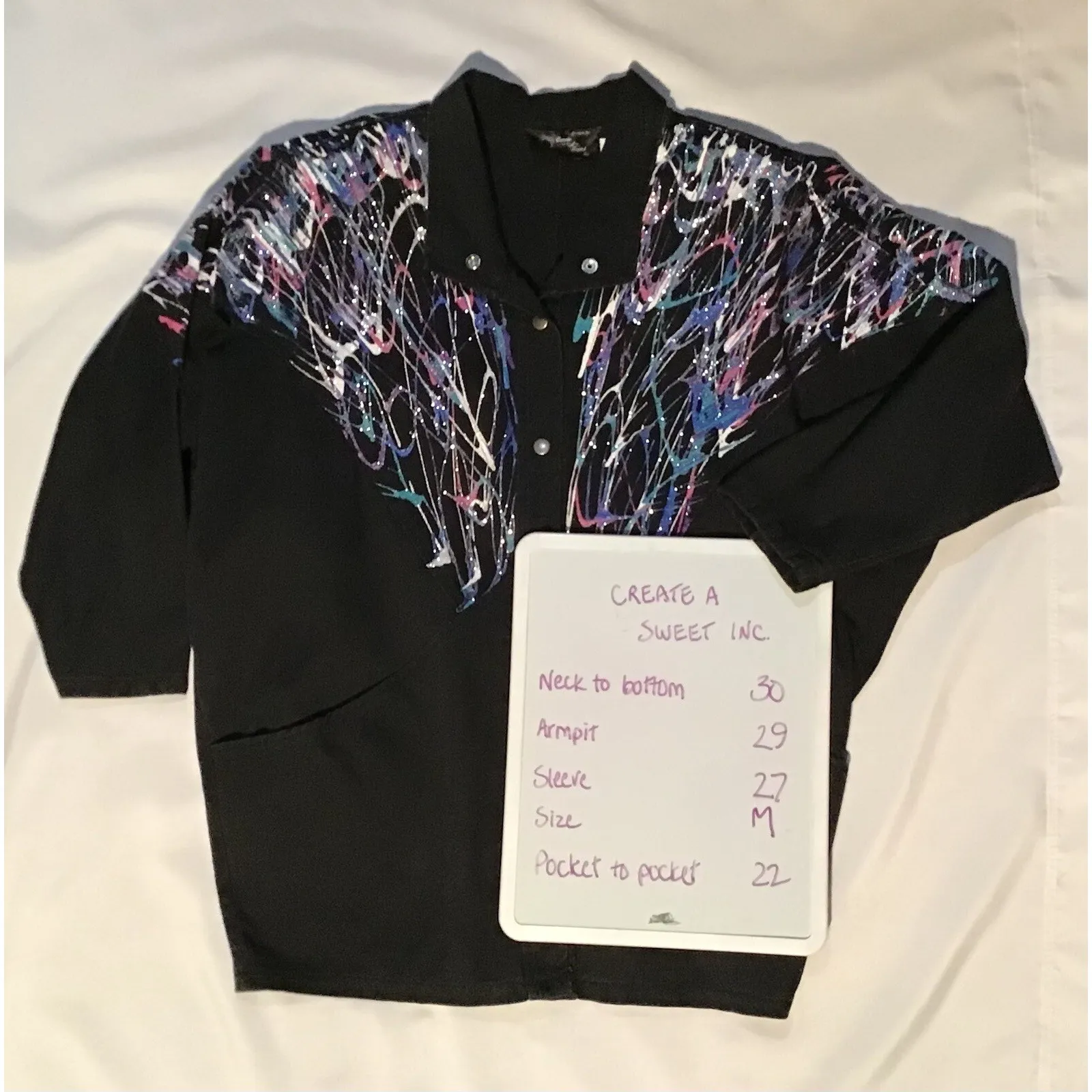 VTG Black Denim Jacket USA Made Splatter Painted Deigns By Create A Sweet Inc M Size M - Image 4