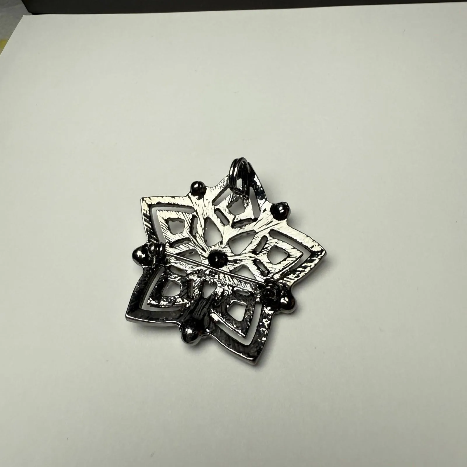 Winter Snowflake Rhinestone Brooch Pin Gunmetal Tone Christmas Dual Pendant - Image 5