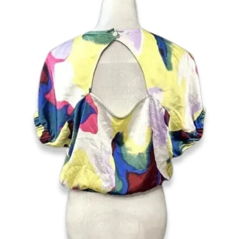 Open Edit Satin Blouse Short Sleeve Cut Out Back Multicolor Women's Medium NWOT - Image 4